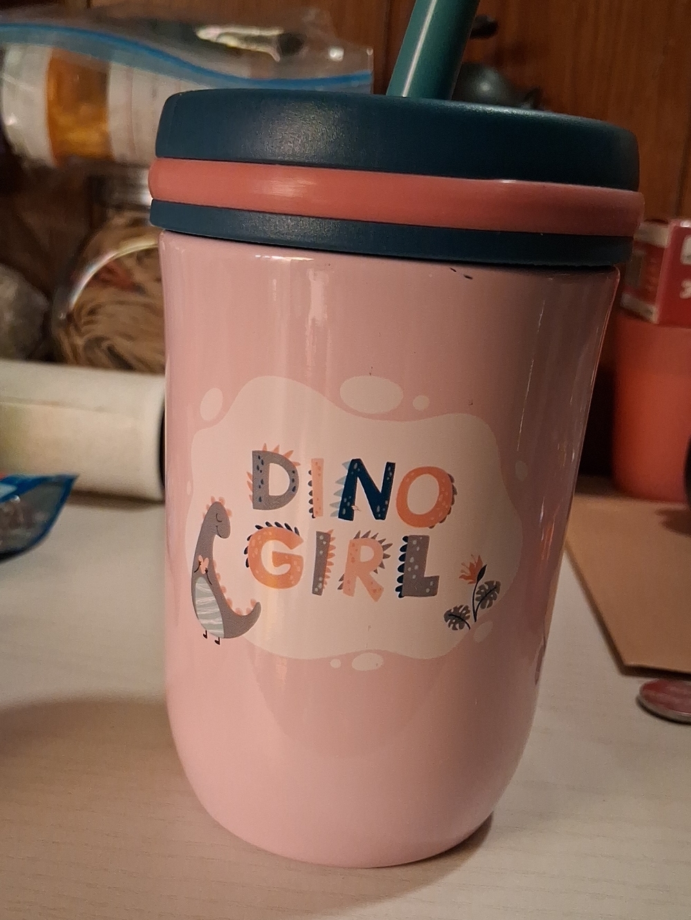 Dino Girl Pink Kids Straw Cup with Teal Lid Travel Mug